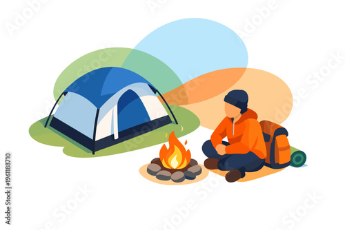 Person sitting by campfire next to tent and backpack.