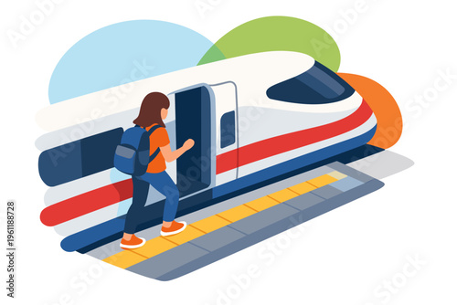 Woman with backpack boarding a highspeed train at a station.