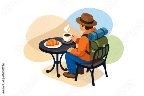 Traveler Enjoying Coffee and Croissants at a Table Outdoors.