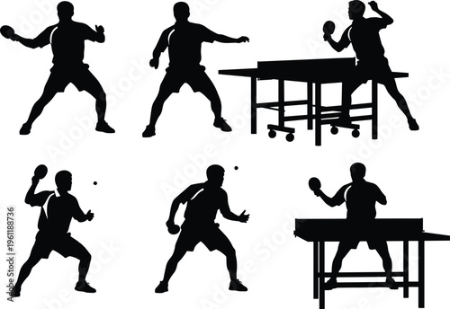 Table tennis player silhouette set showing ping pong rally and serving action poses isolated on white background, dynamic indoor sport collection for training, competition, and design use