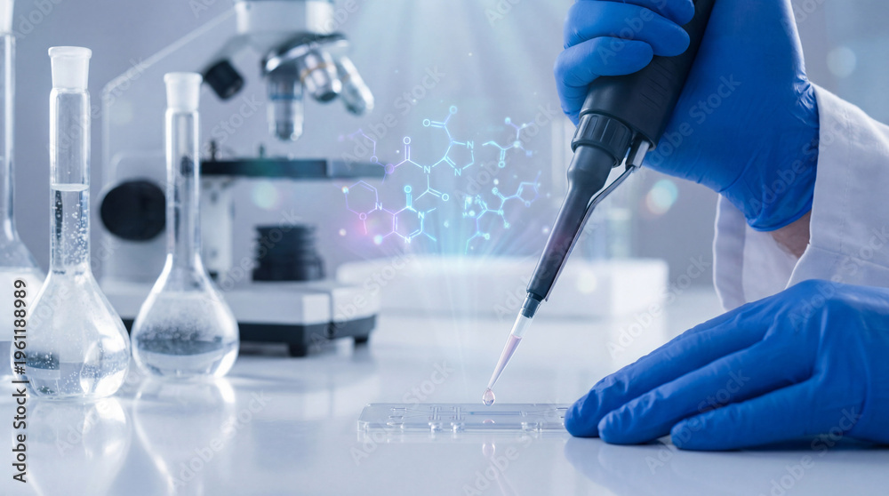 Fototapeta premium Gloved hand pipetting in a laboratory with microscope and digital chemical structures for scientific research and innovation
