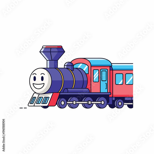 Smiling cartoon train engine with carriage.