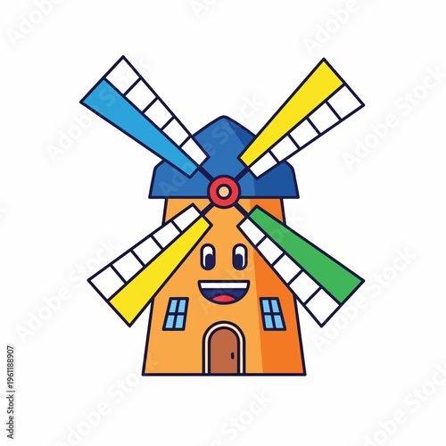 Smiling Cartoon Windmill with Colorful Blades.