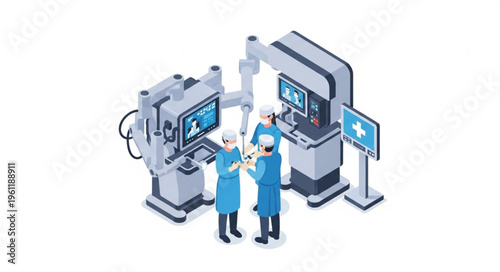 Isometric View of Surgeons Operating with Advanced Medical Robotics.
