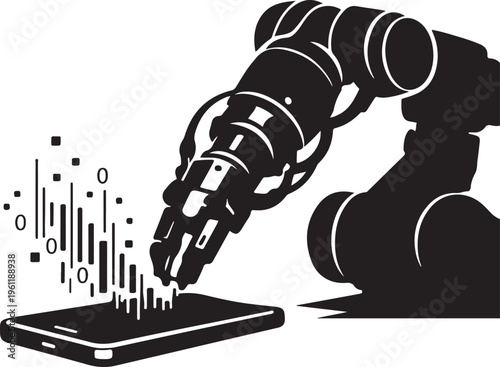 Robot arm assembling product precisely, clean lines.