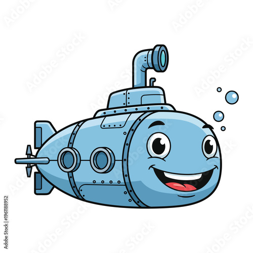 Smiling cartoon submarine with face.