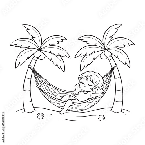 Cute Girl Relaxing in Hammock Between Palm Trees  Summer Beach Vacation Coloring Page Illustration