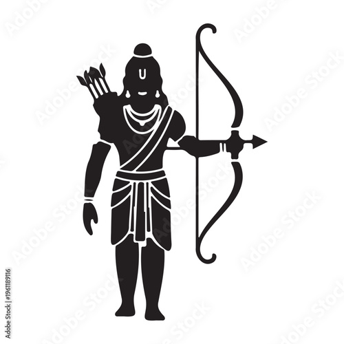 Lord Rama Full Body Silhouette with Bow and Arrow  Hindu God Ram Warrior Vector Icon