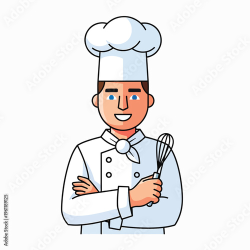 Smiling Chef Holding Whisk in Kitchen.