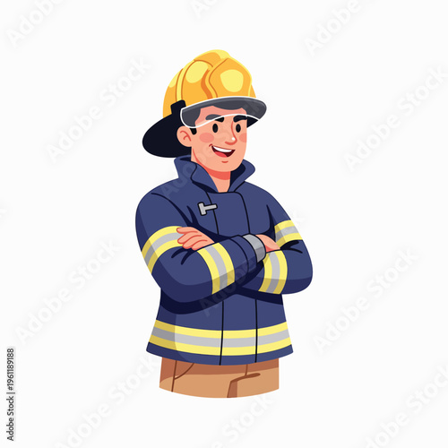 Smiling fireman wearing yellow helmet.