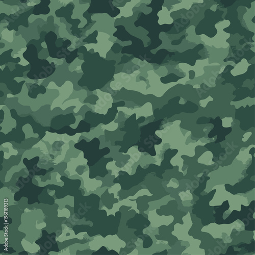 Seamless Forest Green Camouflage Pattern. Deep Jungle Military Camo Texture with Moss and Pine Tones. Army Tactical Background for Hunting Gear, Fabric, Uniform, Wallpaper. Vector Graphic Design.