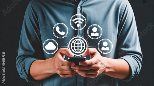 Man holding smartphone with social media and communication network icons