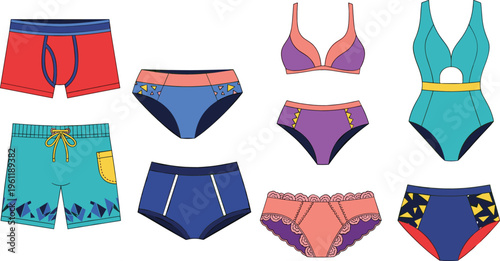 Swimwear collection with bikini swimsuit trunks and underwear colorful fashion clothing set summer beach cartoon vector illustration