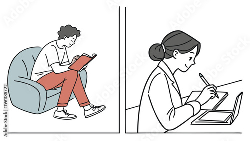 Two individuals engrossed in reading and writing in separate settings