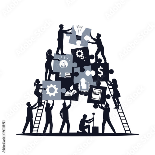 People working together on puzzle pieces.