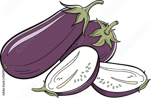 Fresh Eggplant Vegetable Healthy Food. Purple Eggplant Organic Farm Produce. Whole Eggplant Natural Food Ingredient. Eggplant Vegetable Isolated Food Item. Sliced Eggplant Cooking Ingredient Concept.