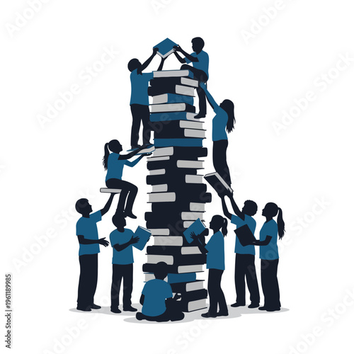 People working together stacking books high.