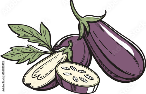 Fresh Eggplant Vegetable Healthy Food. Purple Eggplant Organic Farm Produce. Whole Eggplant Natural Food Ingredient. Eggplant Vegetable Isolated Food Item. Sliced Eggplant Cooking Ingredient Concept.