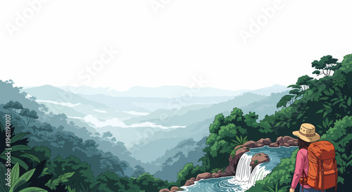 Adventurous hiker enjoying a breathtaking Summer jungle landscape with a cascading waterfall, perfect Background with ample Copy space for your creative Template