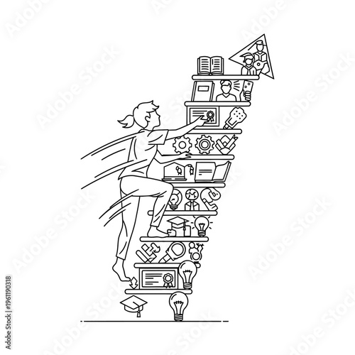 Woman climbing stack of office supplies.