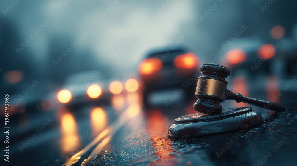 Fototapeta premium Gavel on road with blurred traffic