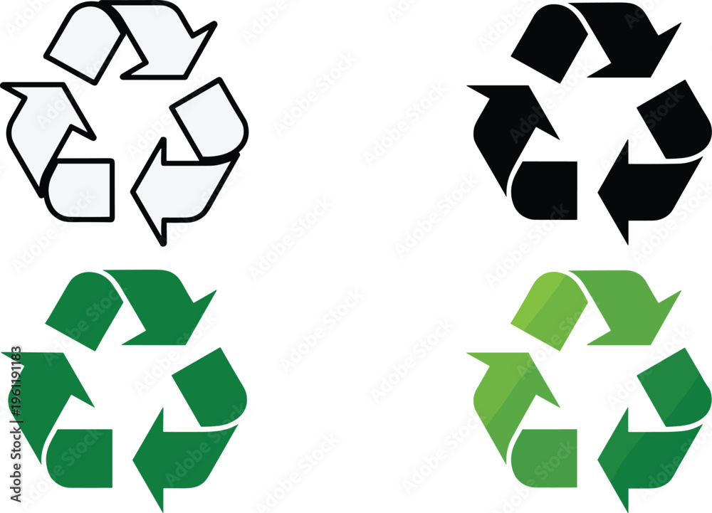 Obraz premium Recycling symbol icons set with green eco arrows, sustainability and environmental protection signs, minimal vector collection isolated on white background for reuse concept