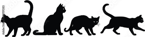 Silhouette Cat Icon Set Featuring Various Poses, Sitting, Walking, and Running Cats for Animal Illustrations and Graphics