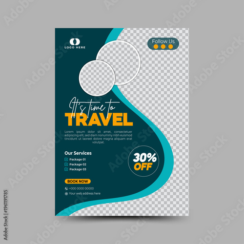 Travel flyer or poster design for tourism promotion. Modern holiday advertisement layout for travel agency offers and tour packages.