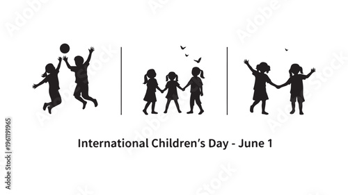 Black silhouettes of children playing on white background for International Childrens Day with joyful mood in simple line art for greeting card