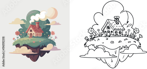 floating island with cozy house in cloud vector illustration for children coloring book clipart and lineart