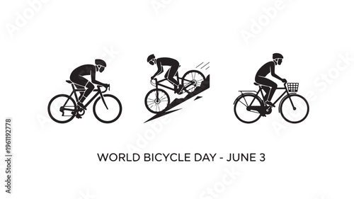 Silhouette of cyclist riding bicycle in motion on white background for World Bicycle Day in minimalist style with black and white color for cycling event promotion
