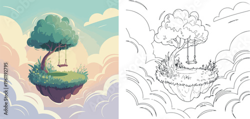 floating island in cloud vector illustration for children coloring book clipart and lineart