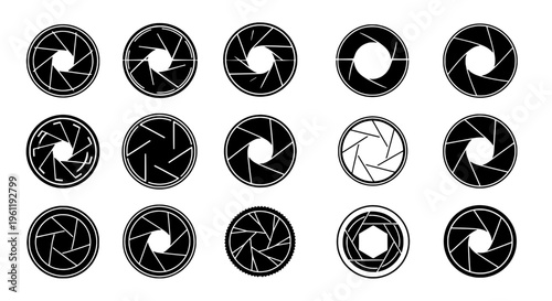 Camera aperture set with various lens designs and shapes featuring photography, design, black and white with vector and icon elements for collection,