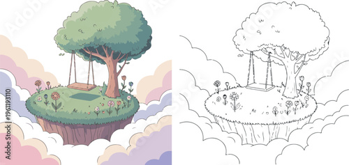 floating island in cloud vector illustration for children coloring book clipart and lineart