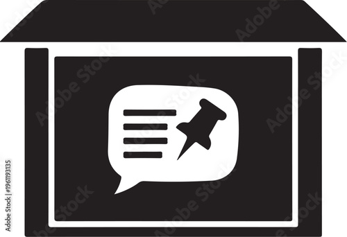 Black and white speech bubble icon, comment box symbol, messaging sign, chat box logo, vector graphic