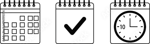 Collection of Calendar and Time Icons Including Planner, Checkmark, and Clock Symbols for Scheduling and Organization