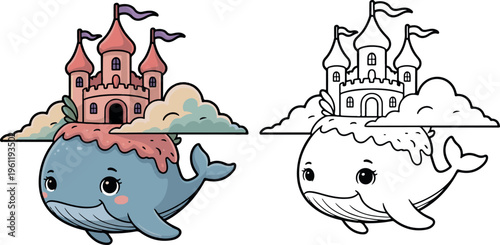 island with tiny castle and flags in cloud vector illustration for children coloring book clipart and lineart