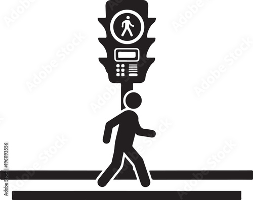 Black pedestrian traffic light icon, walking man symbol, urban signage, vector illustration