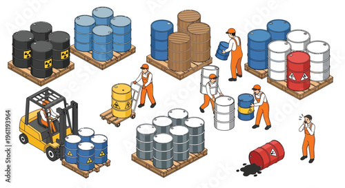 Isometric illustration of workers safely handling and storing various hazardous material drums in a warehouse.