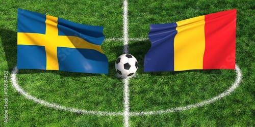 Sweden and Romania national flags on a green soccer field pitch with a football