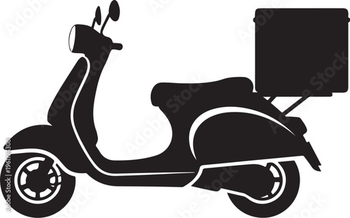Black scooter delivery icon, food delivery bike, vector motor scooter, courier transportation symbol