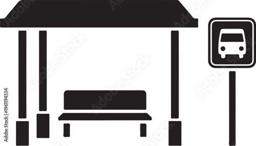 Bus stop shelter, black silhouette icon, transportation sign, vector graphic
