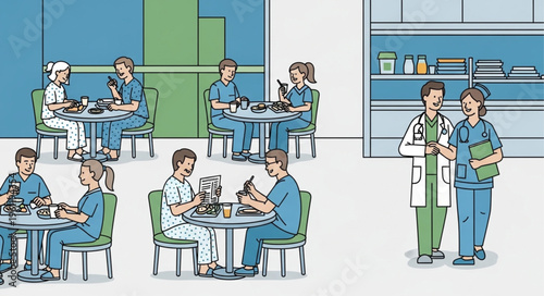 Medical Staff Interaction in a Break Room Illustration.