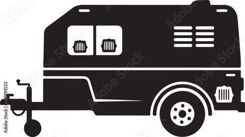 Black camper trailer, caravan icon, travel symbol, recreational vehicle