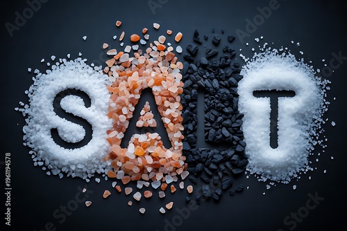 Word salt made with different colored grains on dark background