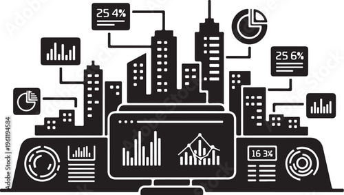 Black and white cityscape infographic vector, business data analysis graphics, financial charts and graphs, urban planning statistics icons