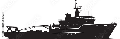 Black silhouette cargo ship, industrial vessel, commercial boat, vector illustration