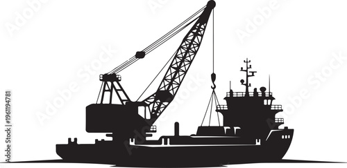 Black silhouette cargo ship, industrial crane barge, vector maritime vessel, heavy industry icon