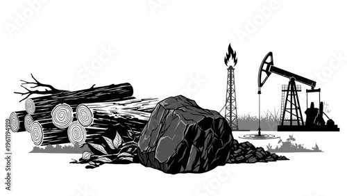 Natural Resources Extraction Illustration Timber Coal Oil Industry Deforestation Fossil Fuel Energy Concept