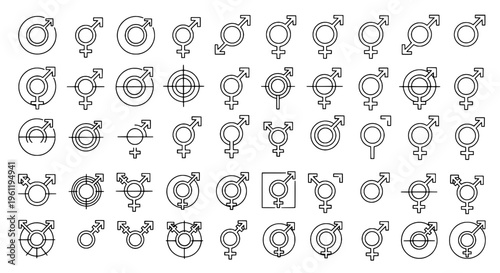 Symbols gender set with various designs and styles for diverse representation featuring male symbol, female symbol, diversity with inclusivity and